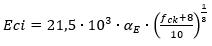 Eci=21,5∙10^3∙α_E∙((f_ck+8)/10)^(1/3)