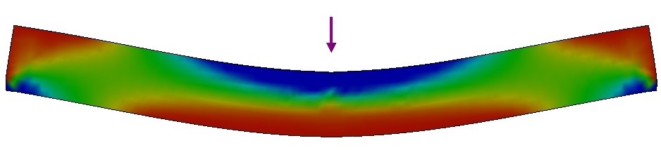 Figura 8 – Regiones de tensión (rojo) y compresión (azul) durante una prueba de flexión.