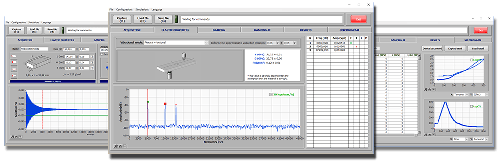 Screens of Sonelastic® 5.0, developed by ATCP Physical Engineering for the characterization of the elastic moduli and damping of materials by Impulse Excitation Technique.
