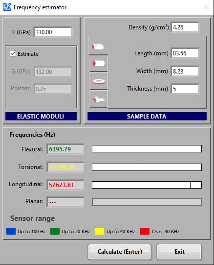 Ventana del Software Sonelastic® 5.0 para la estimación de frecuencias. Este recurso es útil para identificar correctamente las frecuencias de torsión y longitudinal, y para el dimensionamiento de las muestras pequeñas para evitar que las frecuencias superen la frecuencia máxima medible. 