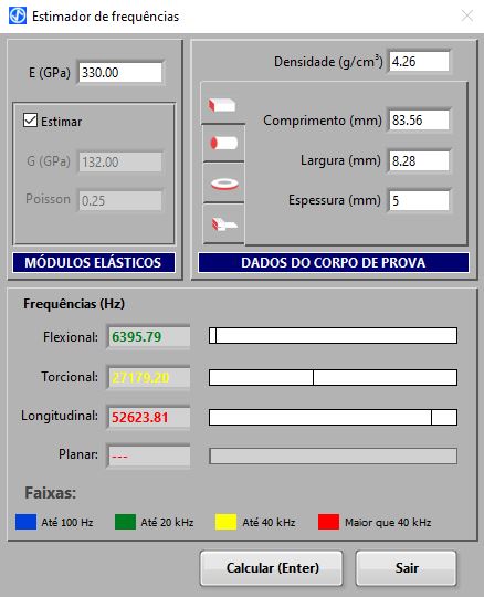 Janela do Software Sonelastic® 5.0 para a estimativa das frequências. Esse recurso é útil para identificar corretamente as frequências torcional e longitudinal, e dimensionar corpos de prova de pequeno porte para que as frequências não fiquem acima do máximo mensurável.