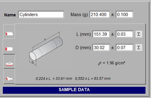 Sonelastic® 5.0 fields for selecting specimen with cylindrical geometry   