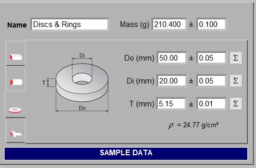 Sonelastic® 5.0 fields for selecting specimen with discs or rings geometry 